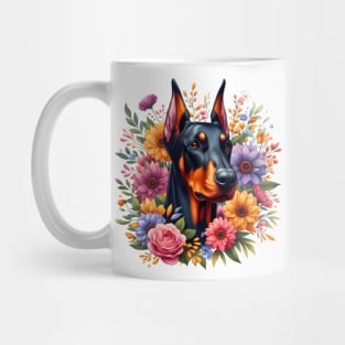 A doberman with beautiful colorful flowers Mug